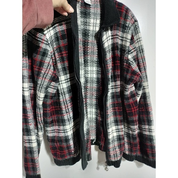 Alfred Dunner VINTAGE zip up sweater red  black plaid padded shoulders woman LG - Picture 4 of 5